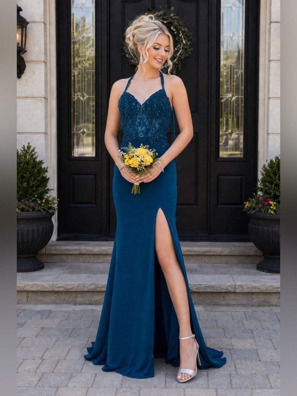 Size 0 Clarisse 8064 Peacock Teal Open Back Side Slit Dress Prom Gown NWT